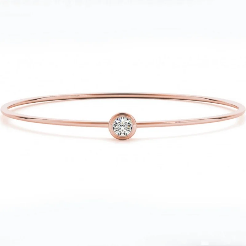 silver bracelet with engraved message for gift with love-3/8ct Bezel Solitaire Round Brilliant Cut Bangle Bracelet 14k Rose Gold