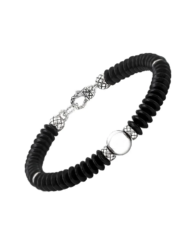 silver bracelet with charm for good fortune and positivity-Andréa Candela Onix Ola Silver Onyx Bangle Bracelet