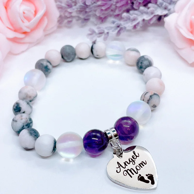 silver bracelet with heart-shaped charm for love and connection-Angel Mom Classic Charm Bracelet Amethyst