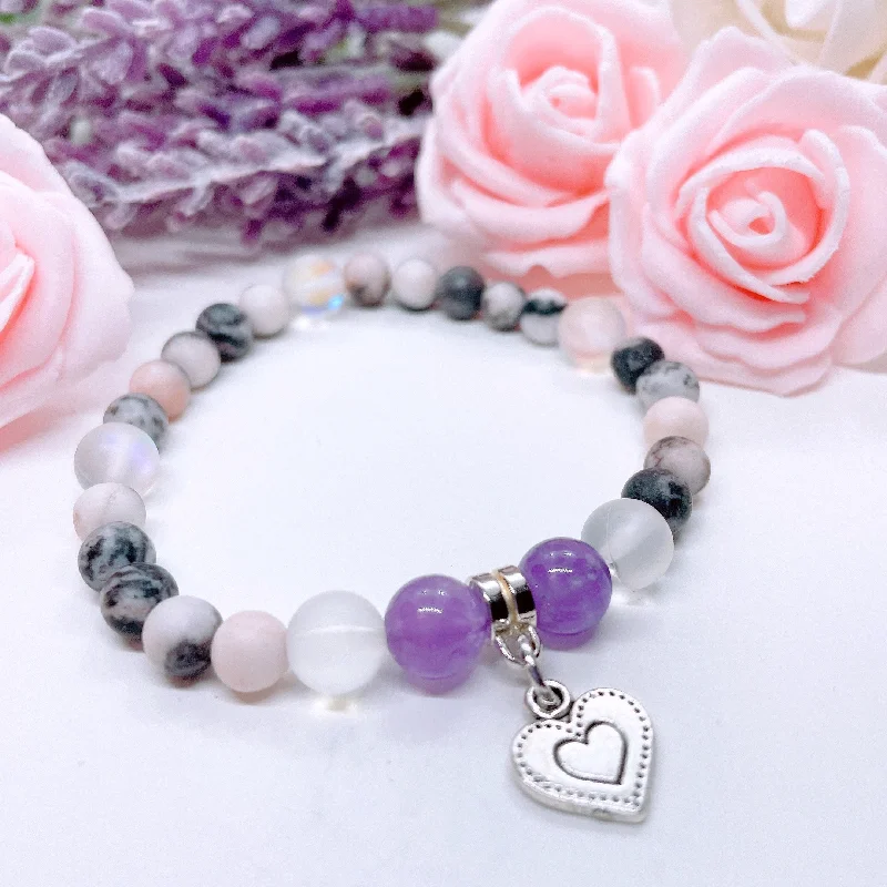 silver bracelet with heart charm for love and affection-Antique Silver Heart Companion Charm Bracelet Amethyst