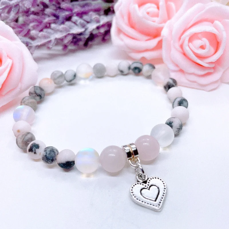 adjustable silver bracelet with gemstone for spiritual awakening-Antique Silver Heart Companion Charm Bracelet Rose Quartz