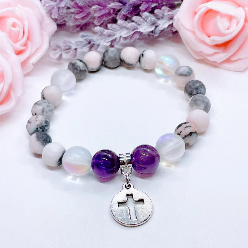 silver bracelet with gemstone beads for grounding energy-Silver Hollow Cross Classic Charm Bracelet Amethyst