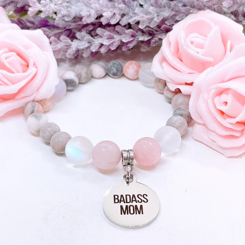 silver bracelet with multi-colored gemstones for harmony and love-Badass Mom Classic Charm Bracelet Rose Quartz