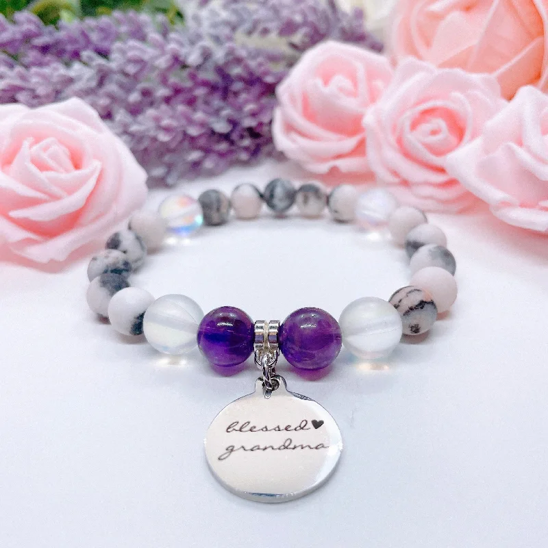 personalized leather bracelet with engraved coordinates for adventures-Blessed Grandma Classic Charm Bracelet Amethyst