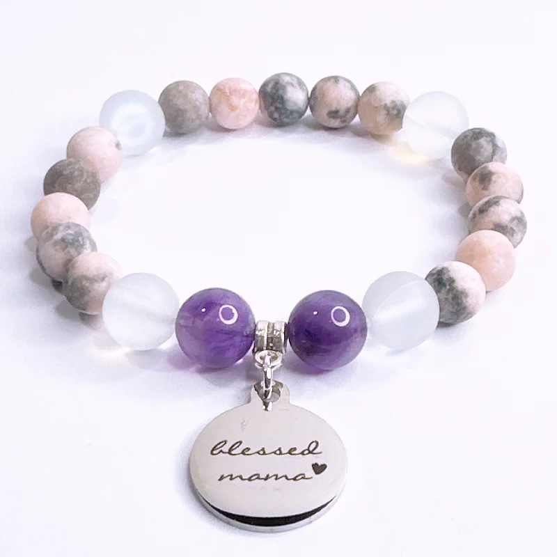 silver bracelet with angel wing charm for protection-Blessed Mama Classic Charm Bracelet Amethyst