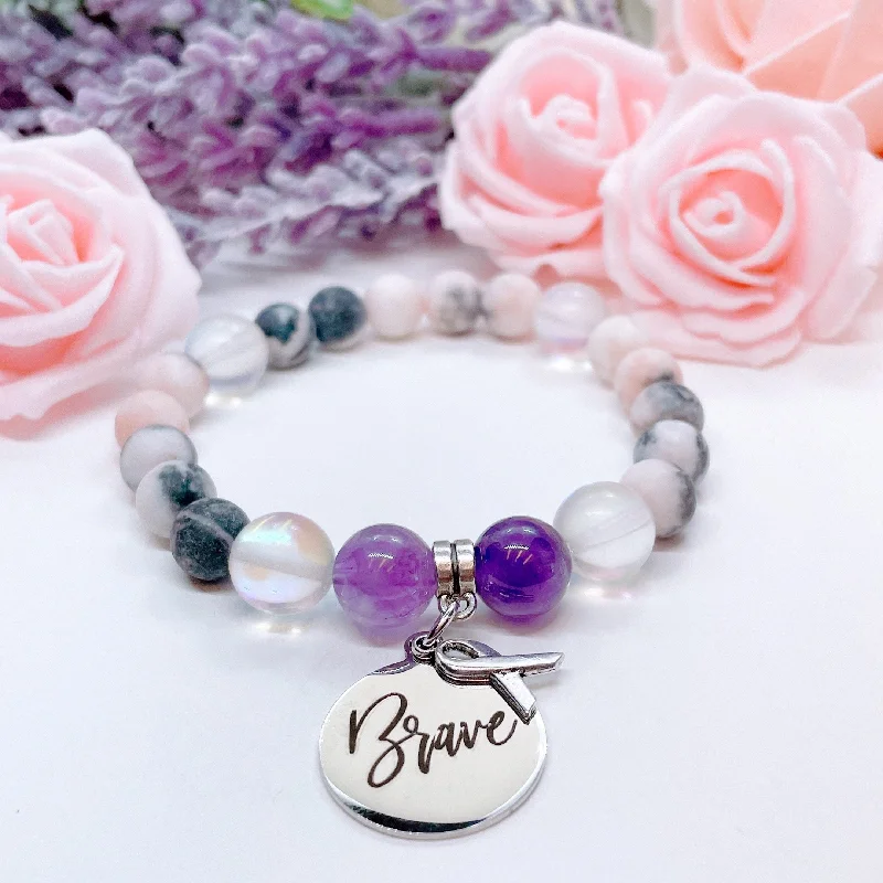 luxury gold bracelet with birthstone and personalized engraving-Brave with Cancer Classic Charm Bracelet Amethyst