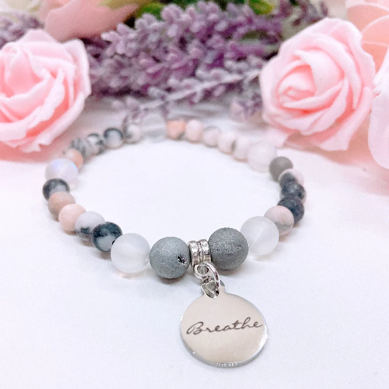 personalized silver bracelet for women with inspirational engraving-Breathe Companion Charm Bracelet Druzy