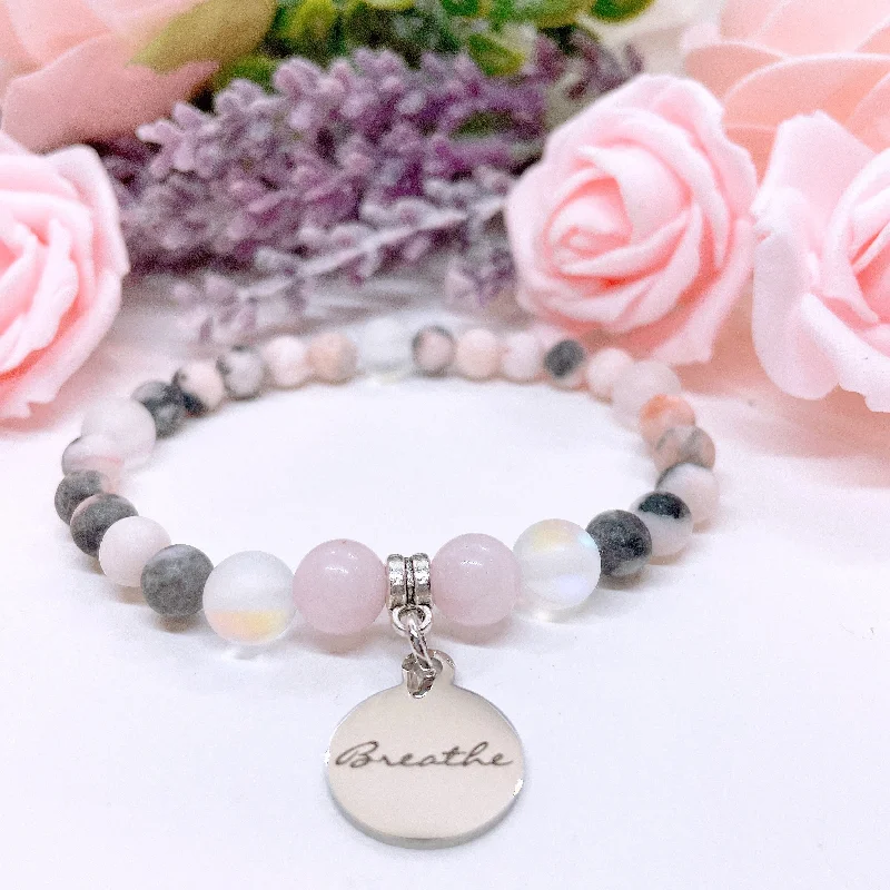 adjustable silver bracelet with gemstone for emotional release-Breathe Companion Charm Bracelet Rose Quartz