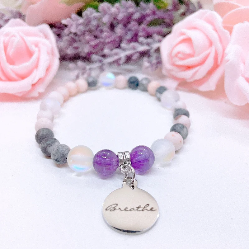 personalized leather bracelet with engraved special date for couple-Breathe Companion Charm Bracelet Amethyst