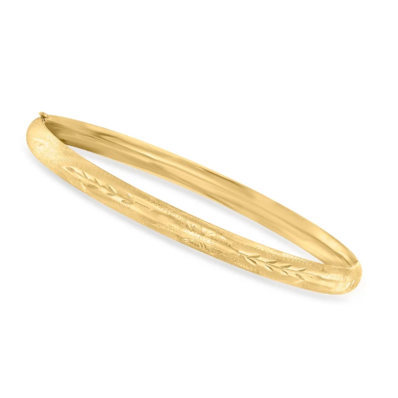 silver bracelet with heart-shaped charm for love and connection-Canaria 10kt Yellow Gold Leaf-Pattern Bangle Bracelet