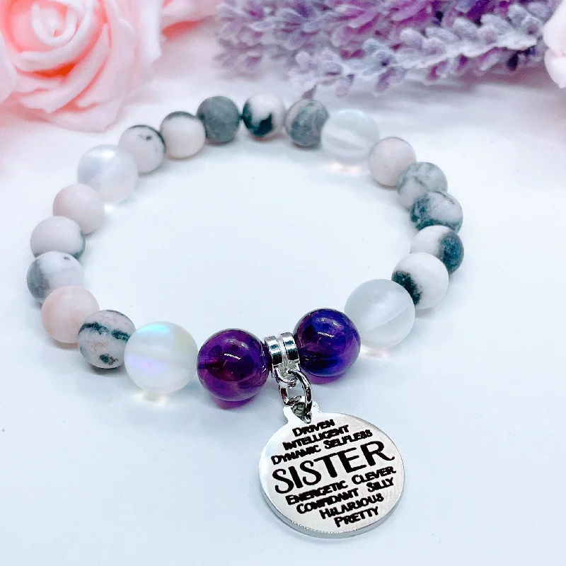 personalized charm bracelet with initials for family gift-Sister Sentiments Classic Charm Bracelet Amethyst