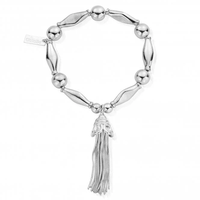 silver bracelet with moonstone for intuition and spiritual growth-ChloBo Chunky Silver Tassel Bracelet with 925 Beads & Noodle Detail