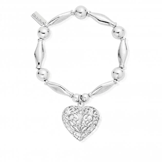 personalized bracelet with engraved name for best friend-ChloBo Chunky Filigree Heart Bracelet with 925 Sterling Silver Beads & Heart Charm