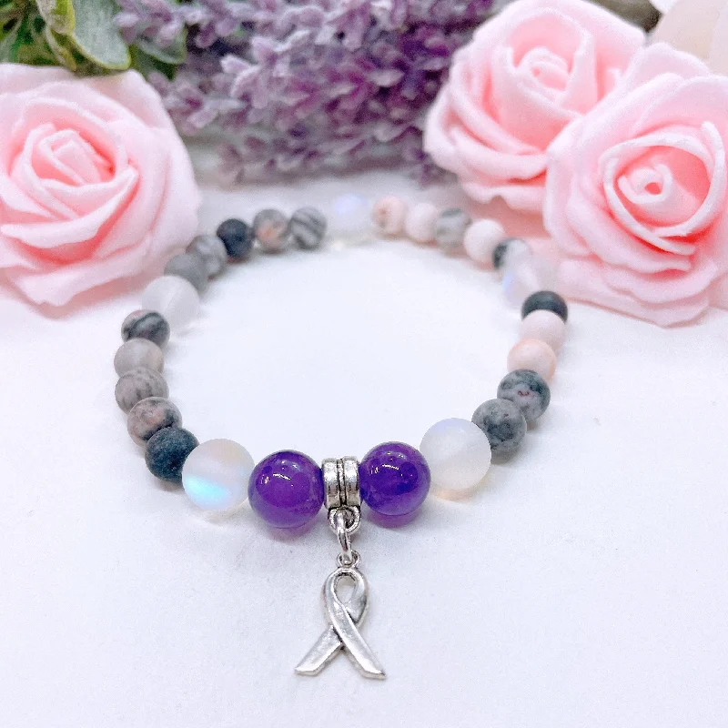 custom silver bracelet with coordinates for family travel memories-Cancer Ribbon Companion Charm Bracelet Amethyst