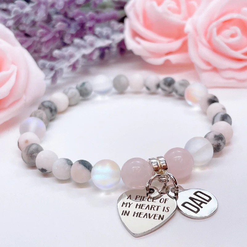 custom silver bracelet with engraved initials for family keepsake-Dad: A Piece of my Heart is in Heaven Companion Charm Bracelet Rose Quartz