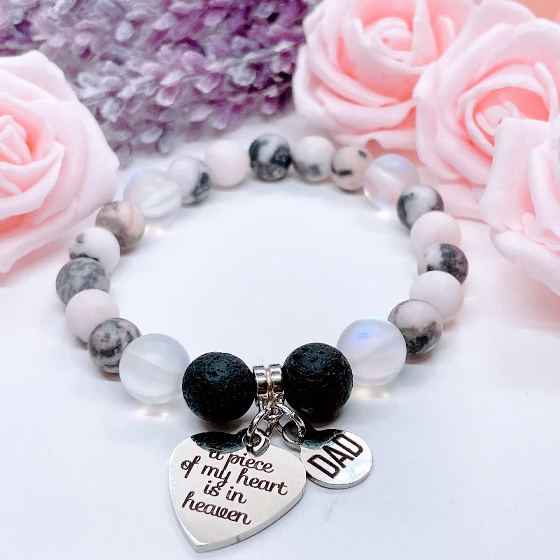 silver bracelet with healing gemstones for wellness gift-Dad: A Piece of my Heart is in Heaven Heart Classic Charm Bracelet Lava