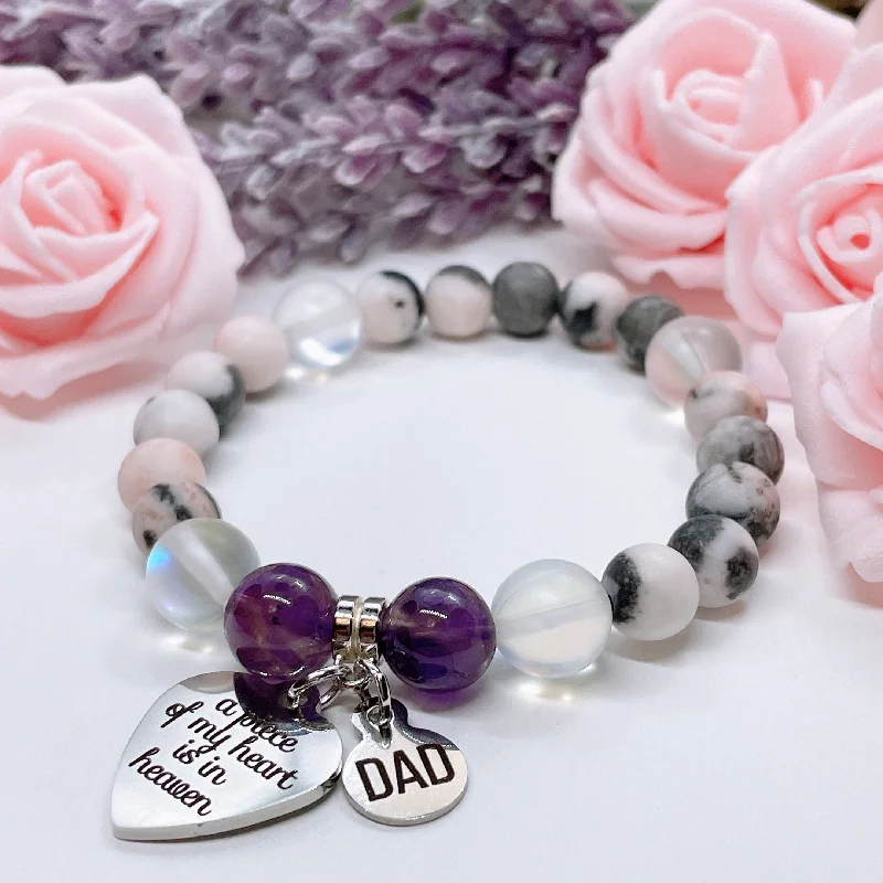 silver bracelet with engraved heart charm for romantic gesture-Dad: A Piece of my Heart is in Heaven Classic Charm Bracelet Amethyst