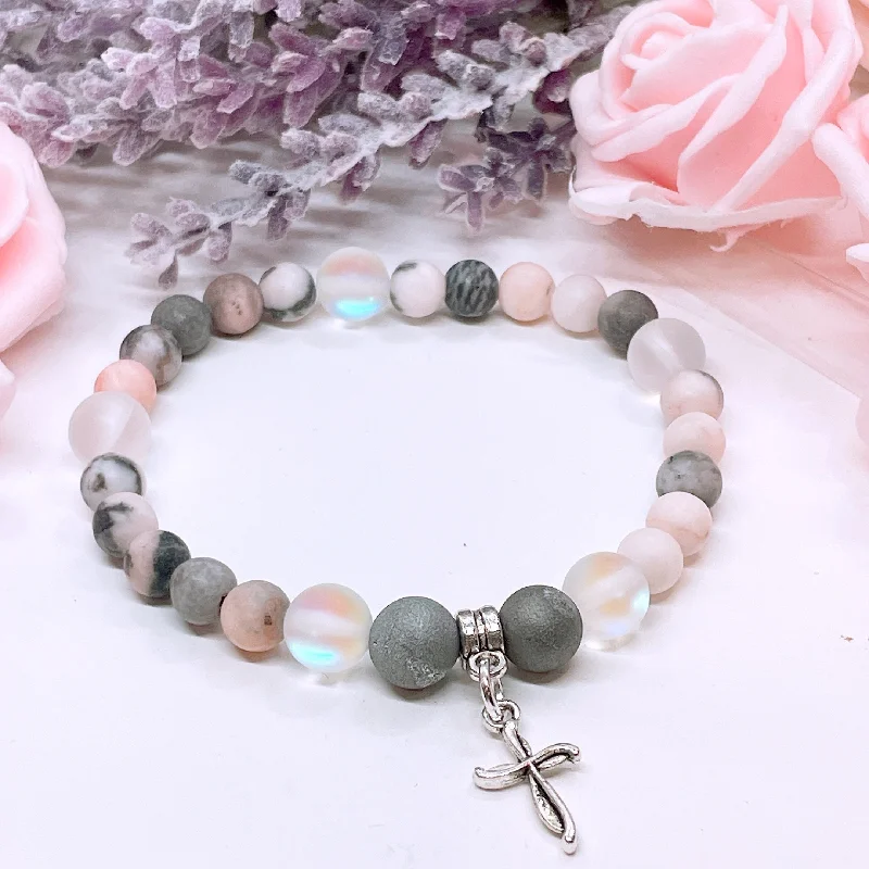 custom bracelet with inspirational charms for strength and resilience-Dainty Cross Companion Charm Bracelet Druzy