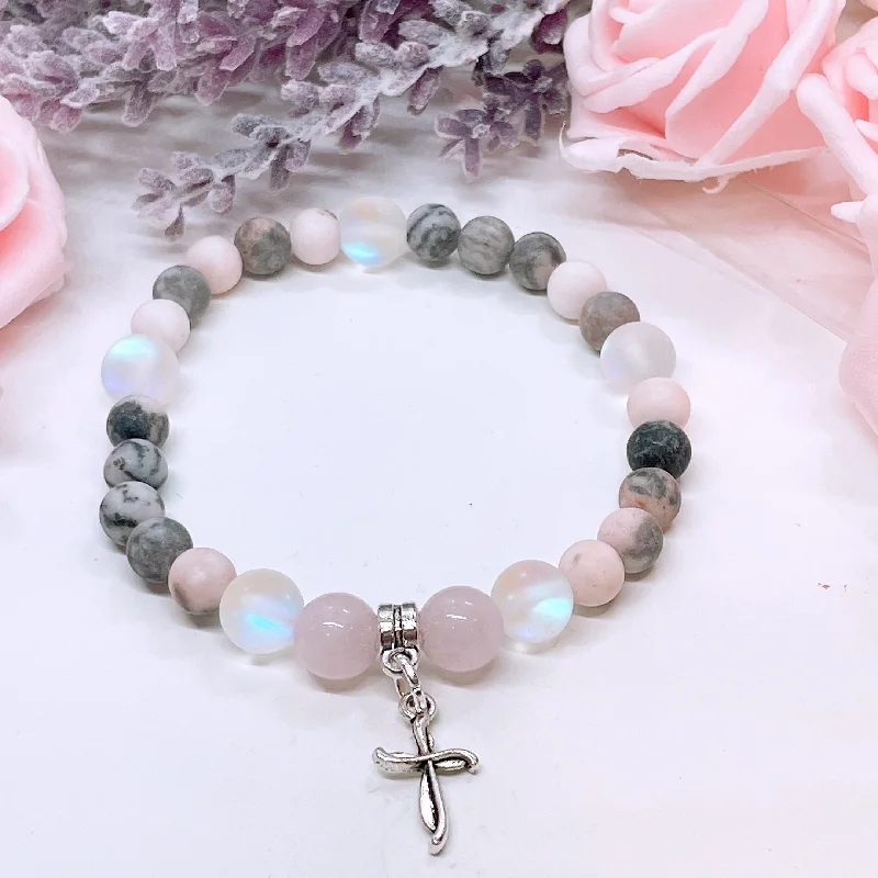 silver bracelet with gemstones for spiritual enlightenment-Dainty Cross Companion Charm Bracelet Rose Quartz