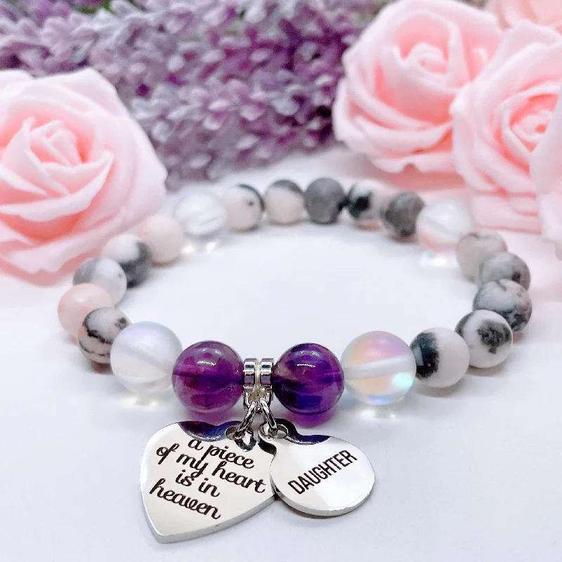 personalized silver bracelet for him with engraved message-Daughter: A Piece of my Heart is in Heaven Heart Classic Charm Bracelet Amethyst