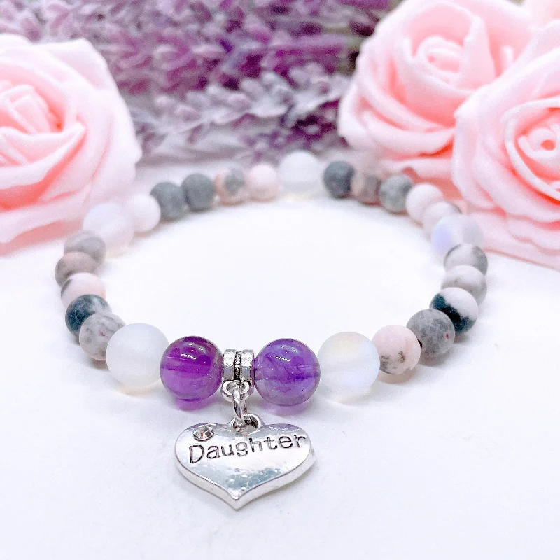 luxury bracelet with engraved initials for personalized gift-Daughter Heart Companion Charm Bracelet Amethyst