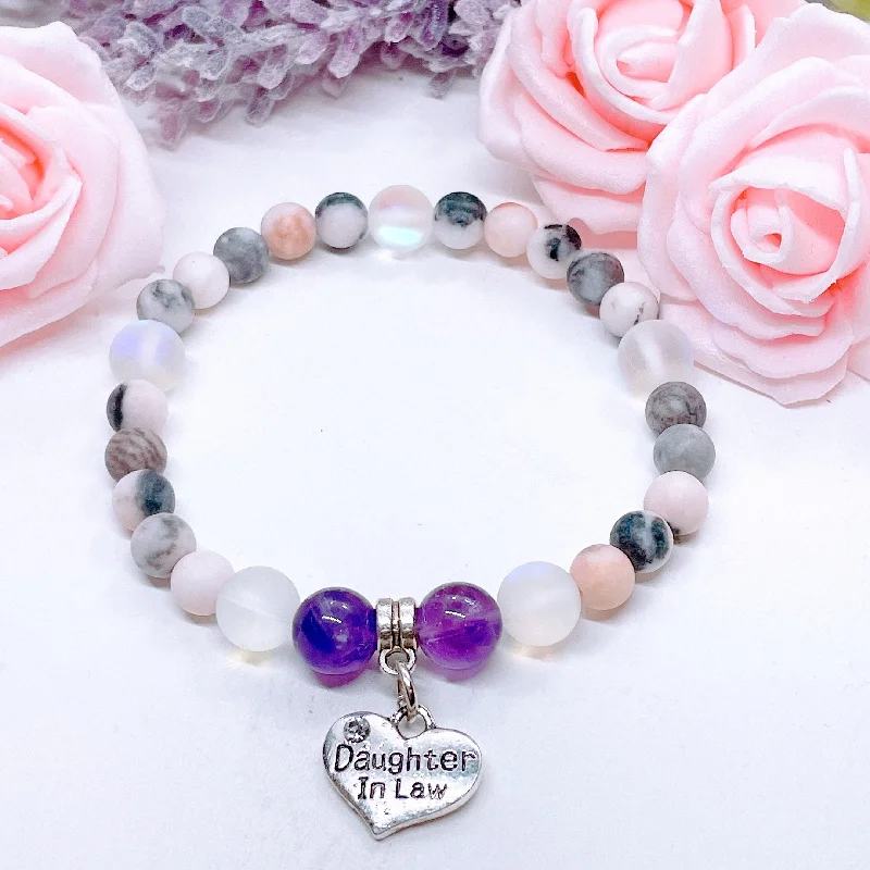 custom silver bracelet with meaningful engraving for her-Daughter In Law Heart Companion Charm Bracelet Amethyst