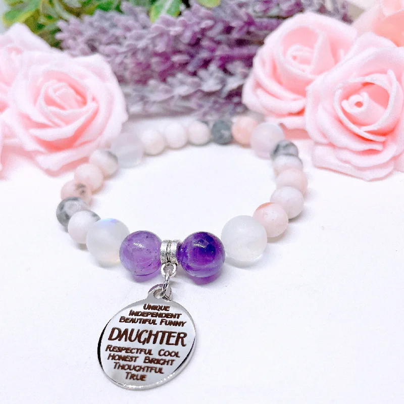 silver bracelet with engraved coordinates for family reunion gift-Daughter Sentiments Classic Charm Bracelet Amethyst