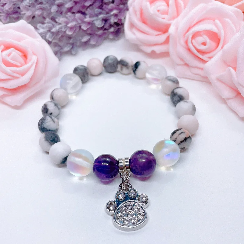 custom bracelet with gemstone for inner peace and calm-Rhinestone Paw Classic Charm Bracelet Amethyst