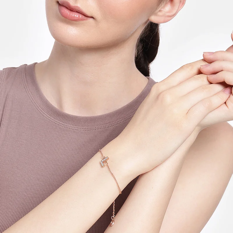 silver bracelet with moon and star charm for good luck-Estele Rose Gold Plated Captivating Medium 'L' Letter Bracelet with Crystals for Women