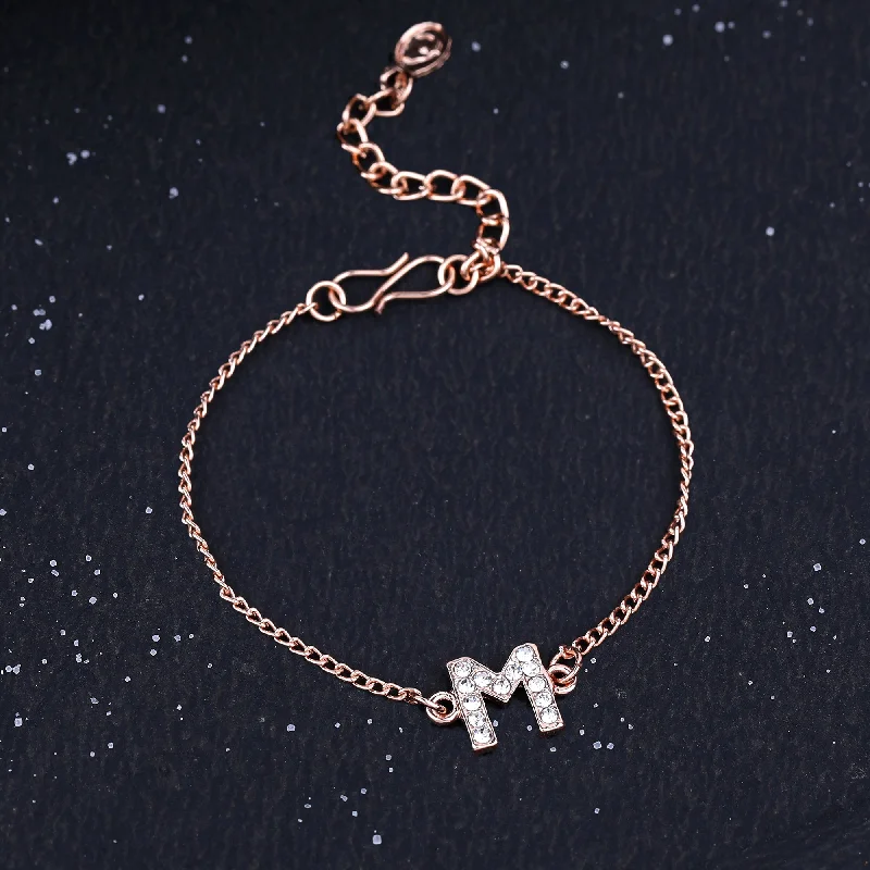 custom bracelet with inspirational charms for personal empowerment-Estele Rose Gold Plated Captivating Medium 'M' Letter Bracelet with Crystals for Women