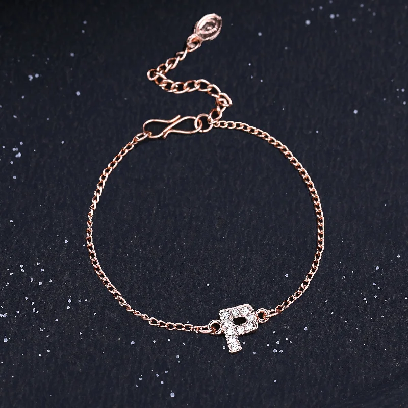 personalized bracelet with engraved coordinates for travel lovers-Estele Rose Gold Plated Captivating Medium 'P' Letter Bracelet with Crystals for Women