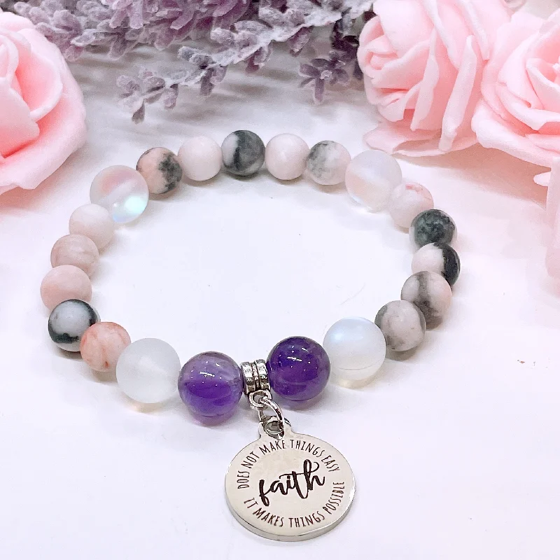 custom silver bracelet for wedding gift with meaningful engraving-Faith Does Not Make Things Easy, It Makes Things Possible Classic Charm Bracelet Amethyst