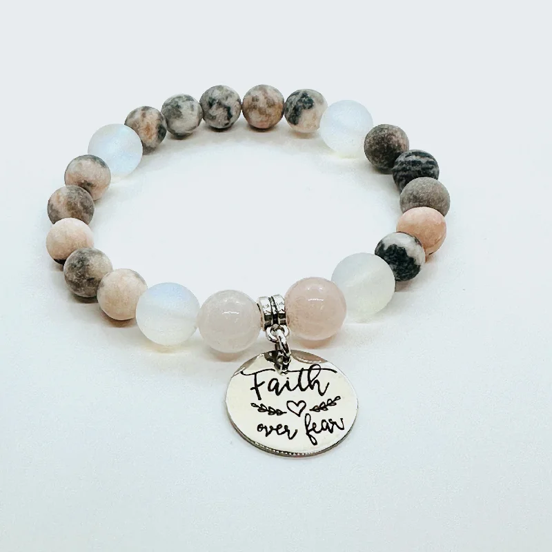 personalized silver bracelet for birthday gift with family initials-Faith Over Fear Classic Charm Bracelet Rose Quartz