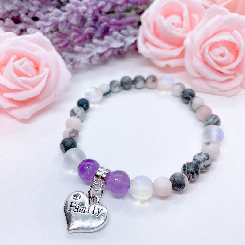 custom charm bracelet with inspirational word charms for hope-Family Heart Companion Charm Bracelet Amethyst