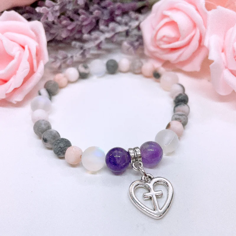 custom bracelet with gemstone beads for spiritual balance-Faithful Heart Companion Charm Bracelet Amethyst