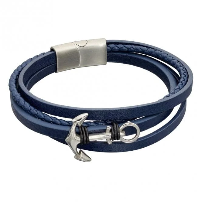 personalized bracelet with gemstone for grounding and protection-Navy Leather Anchor Plated Wristwear Bracelet B5319