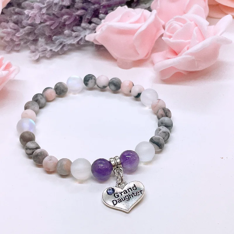 personalized bracelet with gemstone beads for emotional support-Granddaughter Heart Companion Charm Bracelet Amethyst