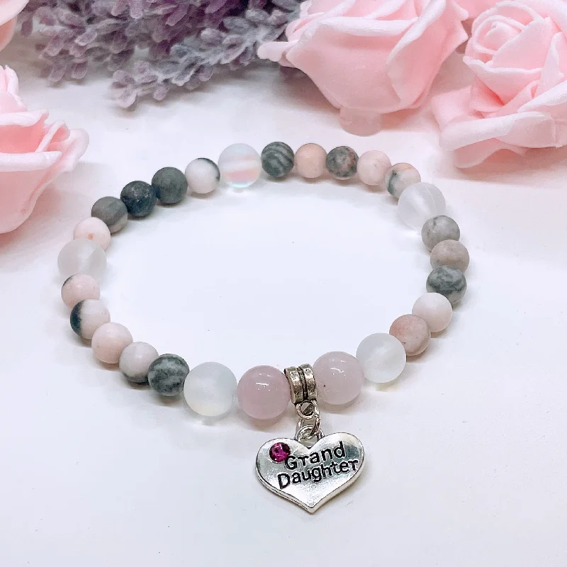 silver bracelet with gemstone beads for love and emotional healing-Granddaughter Heart Companion Charm Bracelet Rose Quartz