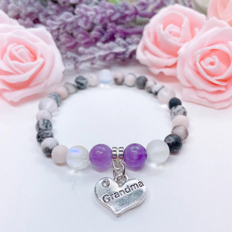 silver bracelet with charm for family reunion and memories-Grandma Heart Companion Charm Bracelet Amethyst