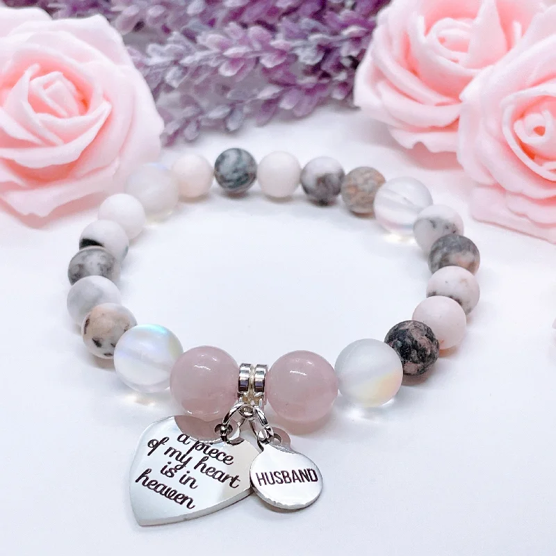 custom bracelet with gemstone beads for protection and calm-Husband: A Piece of my Heart is in Heaven Heart Classic Charm Bracelet Rose Quartz