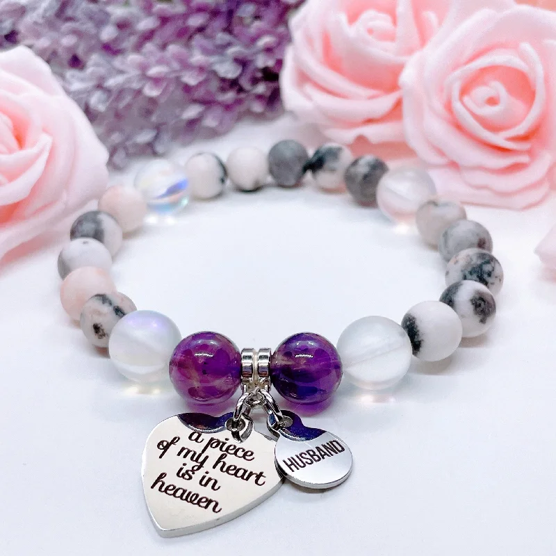 custom leather bracelet for men with coordinates engraving-Husband: A Piece of my Heart is in Heaven Heart Classic Charm Bracelet Amethyst