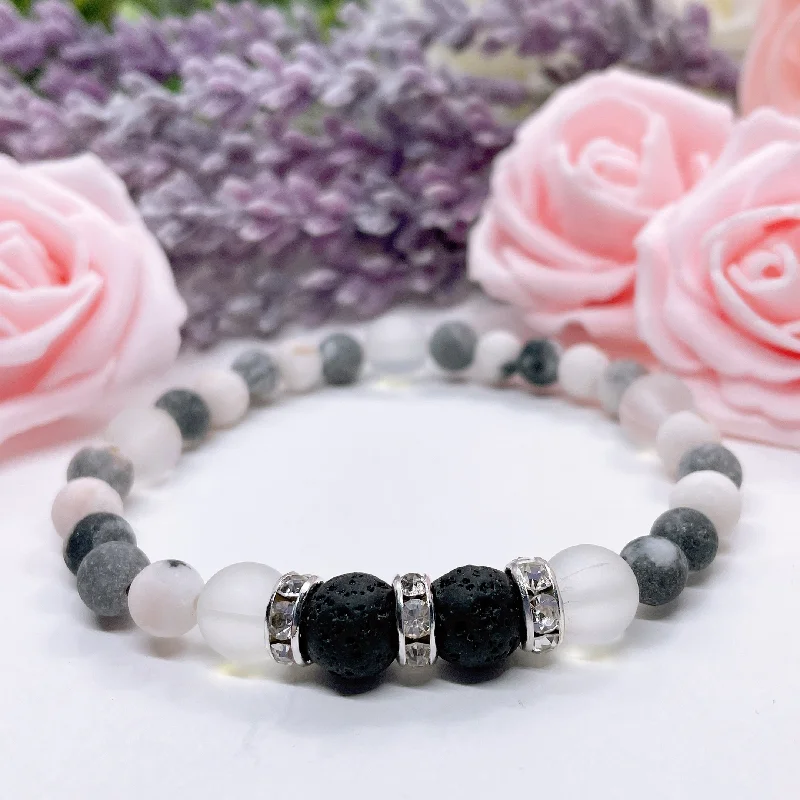 silver bracelet with gemstone beads for chakra healing-Lava Stone Rhinestone Companion Bracelet