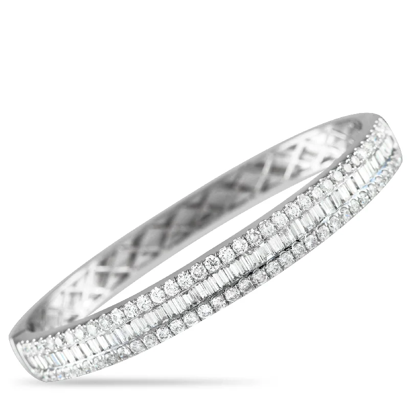 personalized silver bracelet for him with engraved message-LB Exclusive 18K White Gold 5.95ct Diamond Round and Baguette Three-Row Bangle Bracelet ALB-18752