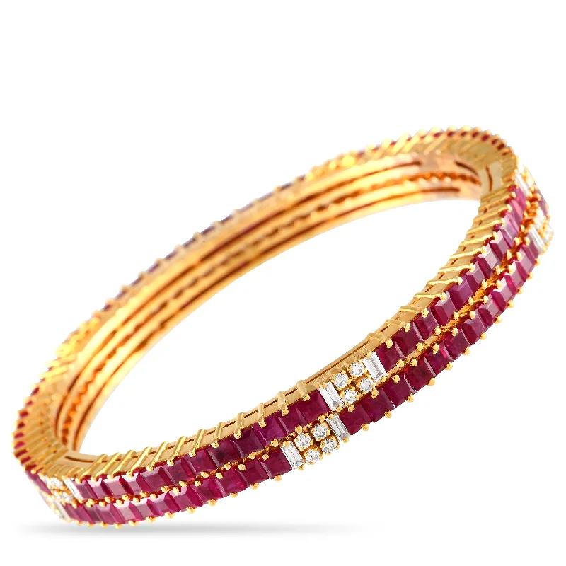 custom bracelet with gemstone for balance and positive energy-LB Exclusive 18K Yellow Gold 1.15 ct Diamond and 12 ct Ruby Two-Piece Bangle Bracelet MF07-051724