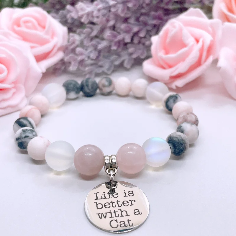 silver bracelet with charm for friendship and loyalty-Life is Better with a Cat Classic Charm Bracelet Rose Quartz