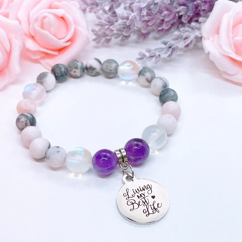 personalized bracelet with family initials for sentimental gift-Living my Best Life Charm Bracelet Amethyst