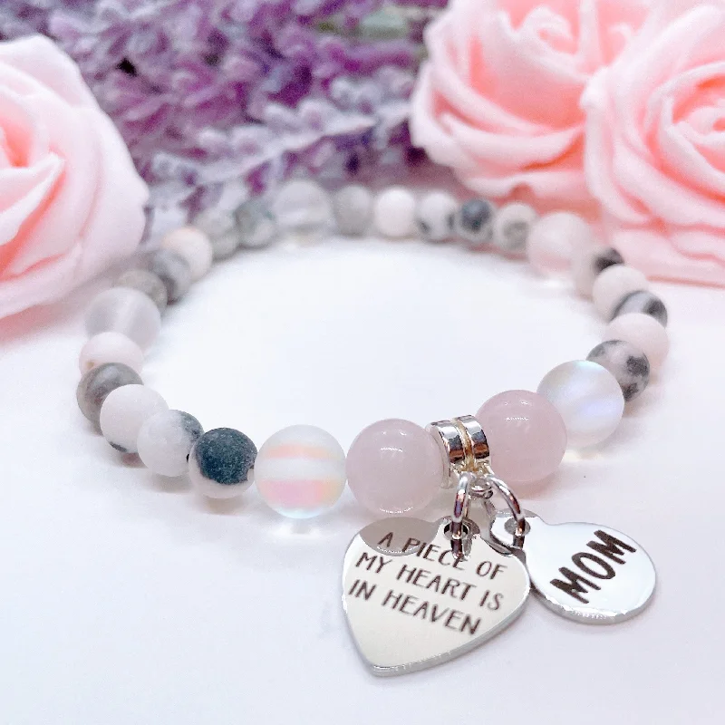 custom leather bracelet with coordinates for travel memories-Mom: A Piece of my Heart is in Heaven Heart Companion Charm Bracelet Rose Quartz