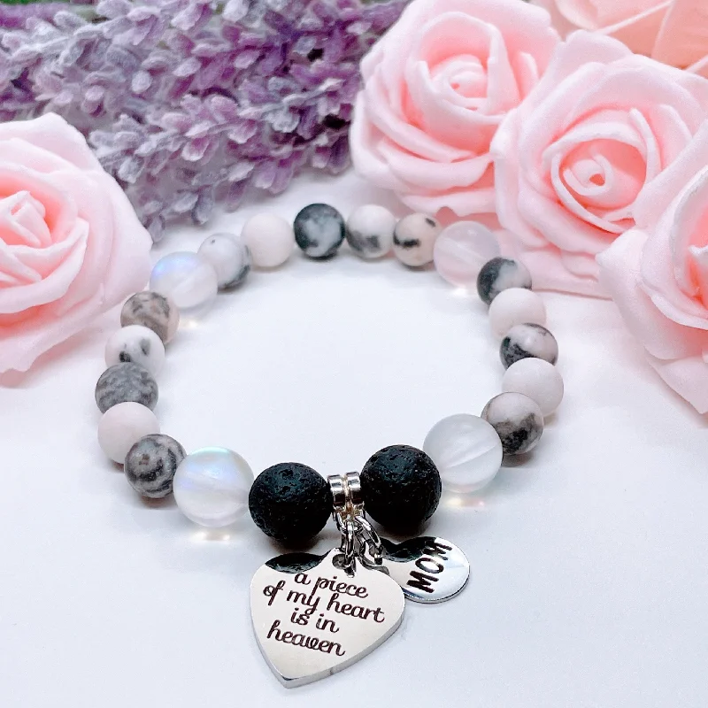 personalized silver bracelet with initials for family celebration-Mom: A Piece of my Heart is in Heaven Heart Classic Charm Bracelet Lava