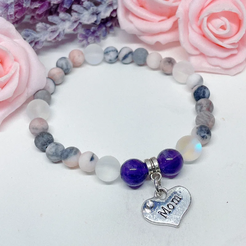 silver bracelet with engraved coordinates for wedding anniversary-Mom Heart Companion Charm Bracelet Amethyst