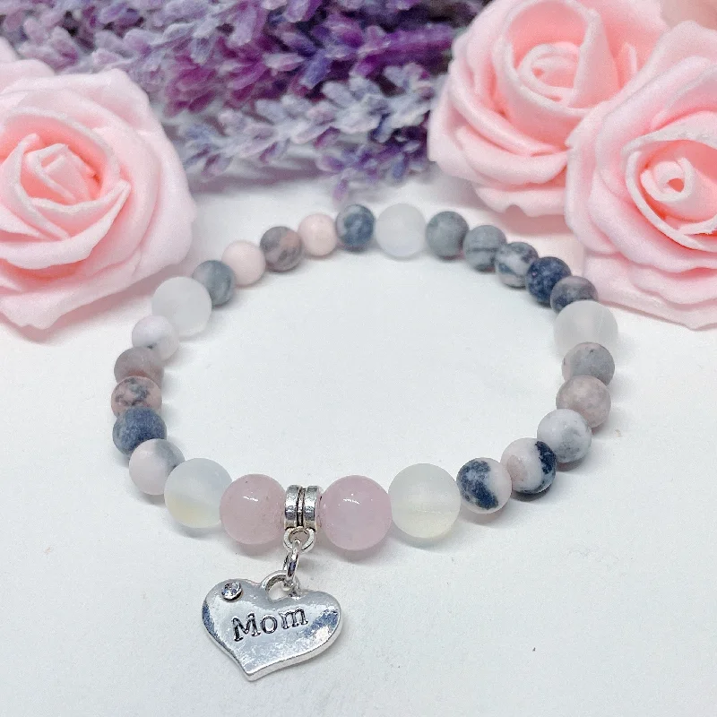 custom bracelet with gemstone beads for chakra balancing-Mom Heart Companion Charm Bracelet Rose Quartz